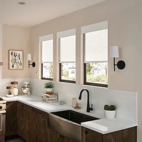 Bathroom with custom light-filtering window treatments