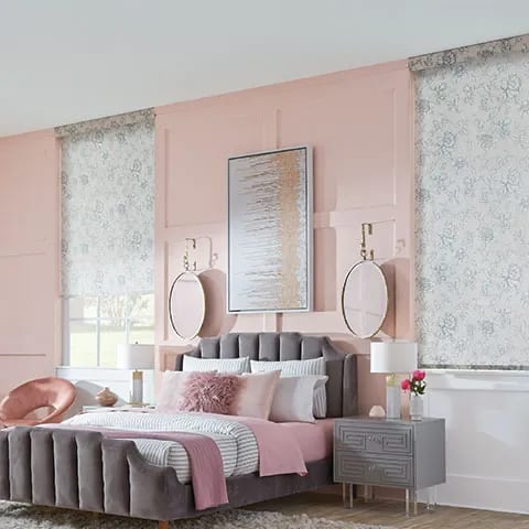 Pink bedroom with custom Graber window shades