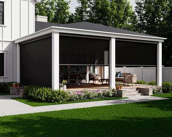 SunSetter PowerScreen with black fabric installed around a covered outdoor living area